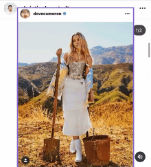 a picture of a woman holding a shovel and a bucket with the name dove cameron on the bottom