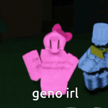 a pink robot with a bow on its head is standing next to a blue robot in a dark room .