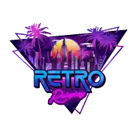 a purple and pink graphic with palm trees and a triangle in the background