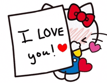 hello kitty is holding a piece of paper that says i love you
