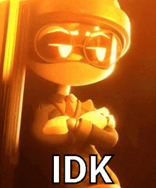 a cartoon character with glasses and the word idk