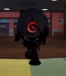 a cartoon character with a red eye is standing in a room with a wooden floor .