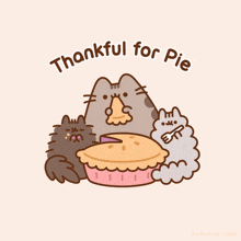 a cartoon of three cats eating a pie with the words thankful for pie below them