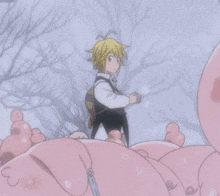 a cartoon character is standing next to a large pig