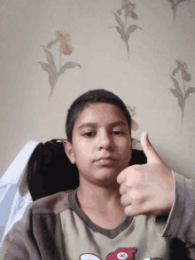 a young boy is giving a thumbs up sign