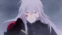 a white haired anime character with red eyes and blood on his face