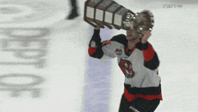 a hockey player is holding a trophy over his head with a tiger on his jersey