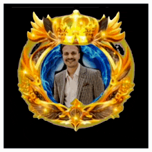 a man in a suit is in a gold circle with a crown