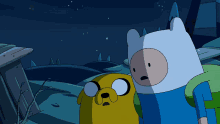 a cartoon character with a surprised look on his face stands next to another character