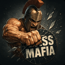 a man in a spartan helmet is breaking a sign that says " mafia "