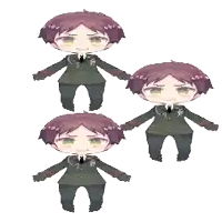 three cartoon characters with purple hair and green eyes