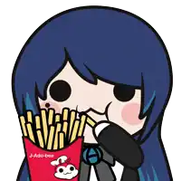 a cartoon of a girl eating french fries from a j-ado-bee container