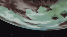 a painting of a planet with mountains and clouds in the background
