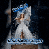 a woman in a white dress with infinity music angels written on it