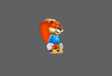 a cartoon squirrel is wearing a blue shirt and yellow shoes
