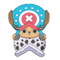 tony tony chopper from one piece is wearing a blue hat with a cross on it