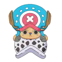 tony tony chopper from one piece is wearing a blue hat with a cross on it