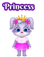a cartoon bunny wearing a pink dress and a crown with the word princess behind it