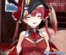 a girl with red hair and a pirate hat is smiling with a twitter icon next to her