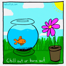 a cartoon of a fish in a bowl with the words chill out or burn out on the bottom
