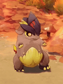 a cartoon character with a yellow belly is standing in a field of mushrooms .