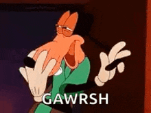 a cartoon character is making a peace sign with his hands and the words `` gawrsh '' written below him .