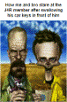 a cartoon of two men standing next to each other in a field . one of the men has a beard .