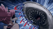 a cartoon drawing of a woman screaming with letters g r r r r r r r r