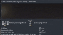 a screenshot of an apds armor-piercing discarding sabot shell showing the damage effect