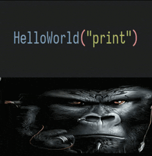 a picture of a gorilla next to a text that says helloworld print