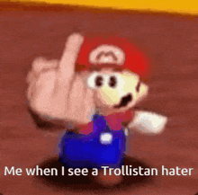 a cartoon character giving the middle finger with the words me when i see a trollistan hater below him