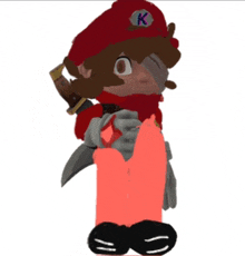 a cartoon character with the letter k on their hat