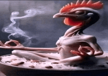 a chicken sitting in a lotus position with smoke coming out of its beak