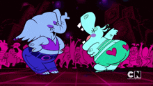 two cartoon characters are dancing in front of a crowd with the cn logo