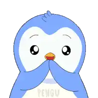 a blue and white penguin with the word pengu written on its chest