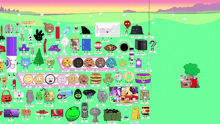 a bunch of cartoon characters on a green background with a question mark in the middle