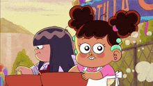 two girls are standing in front of a sign that says tortillas