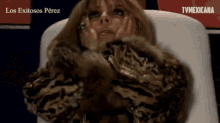 a woman wearing a fur coat is sitting in a chair with tvmexicana written on the bottom