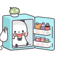 a cartoon drawing of a panda eating watermelon in a refrigerator