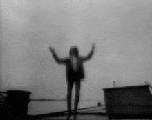 a person is standing on a roof with their arms outstretched .
