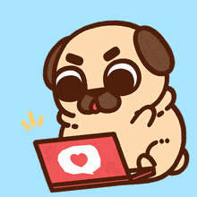 a cartoon pug is holding a laptop with a heart on it