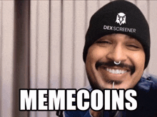 a man wearing a beanie that says dex screener