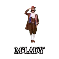 a man in a suit is holding a red hat and the word mlady is below him
