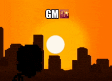 a sunset with the word gm above the city
