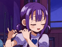 a girl with purple hair is wearing a shirt with a blue heart on it