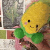 a stuffed corn on the cob is sitting in front of a chalkboard that says corn on the cob