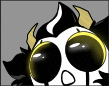 a cartoon drawing of a skull with horns and yellow eyes