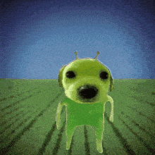 a picture of a green alien dog standing on a bridge