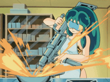 a girl with green hair is cooking with a gun in her hand
