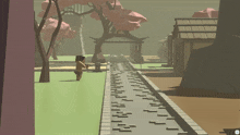 a cartoon drawing of a man walking down a path with trees and buildings in the background